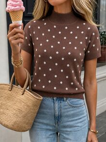 SHEIN Women's Polka Dot Mock Neck Fitted Short Sleeve Knit Top - Coffee Brown - View 5