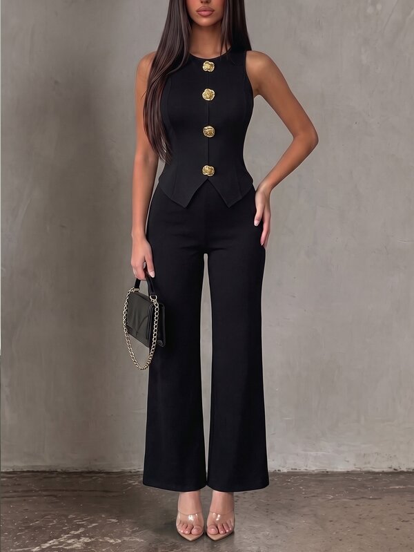 Vavine Elegant Business Casual Women's Outfit, Metal Button Decor, Sleeveless Stretchy Fitted Sexy Camisole And Pants Black 2-Piece Set