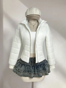 Elamini 女款秋冬休閒時尚百搭街頭風通勤派對口袋收腰棉墊外套 - 米色 - 查看 6
