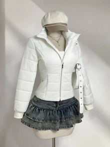 Elamini 女款秋冬休閒時尚百搭街頭風通勤派對口袋收腰棉墊外套 - 米色 - 查看 5