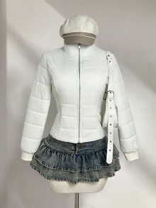 Elamini 女款秋冬休閒時尚百搭街頭風通勤派對口袋收腰棉墊外套 - 米色 - 查看 4