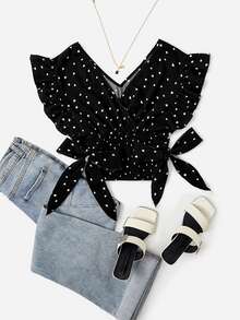 SHEIN Franclia Allover Heart Print Bow Side Blouse - Black - View 3