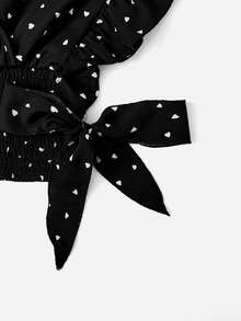 SHEIN Franclia Allover Heart Print Bow Side Blouse - Black - View 6