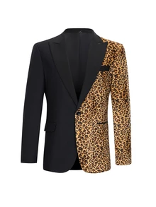Calvornis Men's African Inspired Leopard Print Blazer, Colorblock Slim Fit Statement Suit Jacket, Party Prom Formal - Black - View 3