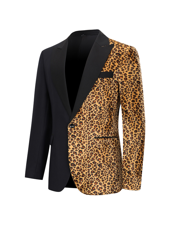 Calvornis Men's African Inspired Leopard Print Blazer, Colorblock Slim Fit Statement Suit Jacket, Party Prom Formal