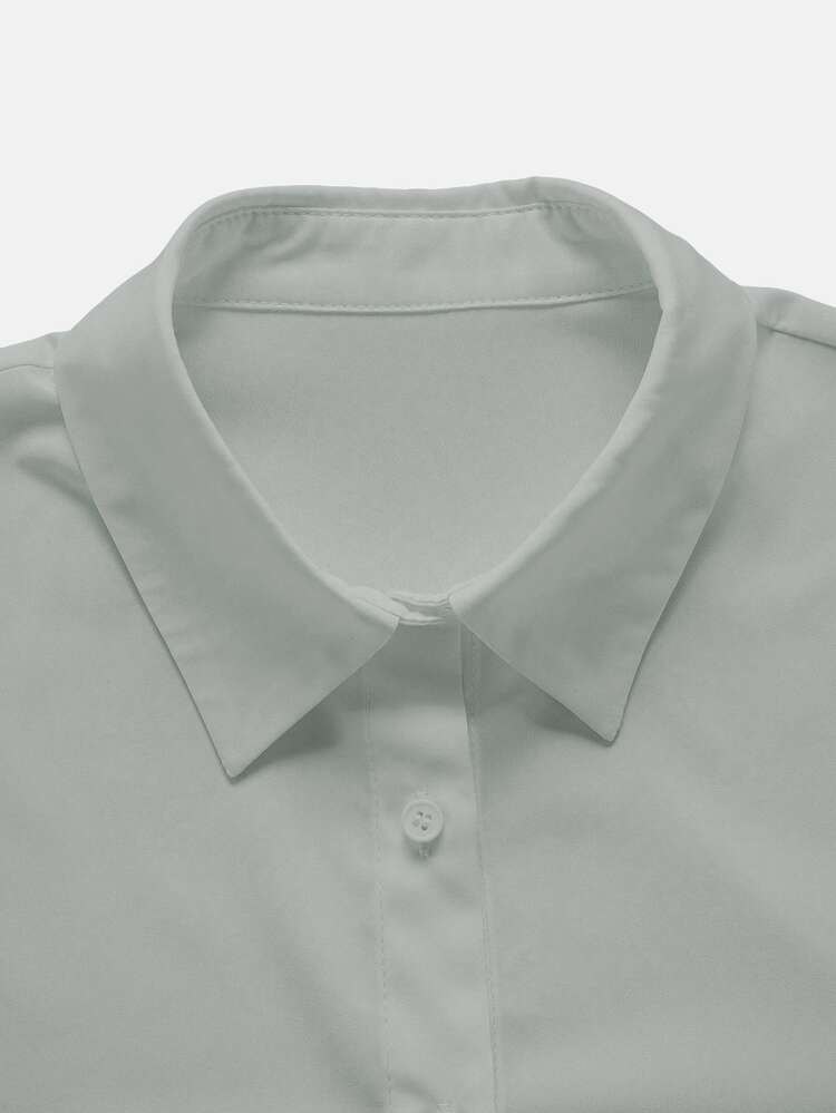 SHEIN Holidaya Women's Solid Color Casual Elegant Business Professional Single-Breasted Long Sleeve Shirt For Business Office Teachers' Day Light Grey Autumn - Light Grey - View 6