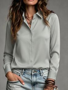 SHEIN Holidaya 女款純色休閒優雅商務專業單排扣長袖襯衫，適合辦公室、教師節，淺灰色，秋季 - 淺灰色 - 查看 3