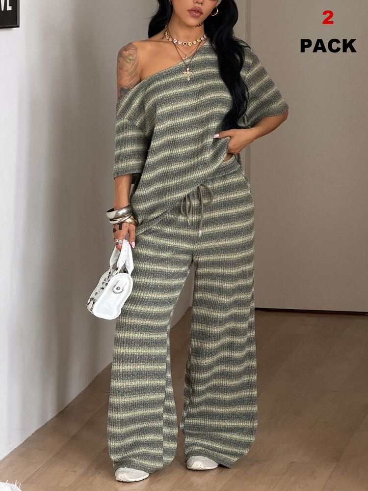Coolane Women's Striped Asymmetrical Shoulder Loose T-Shirt And Drawstring Waist Wide Leg Pants Casual 2-Piece Set - Green - View 3