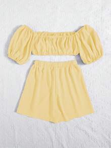 SHEIN Franclia 女士纯色露肩褶皱短袖上衣和松紧腰短裤休闲两件套，女士度假套装，两件套夏季套装，夏季假日套装，女士夏季套装 - 淡黃色 - 查看 2