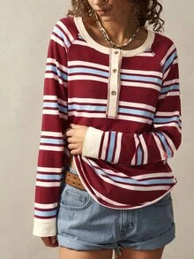 Bohemela 女款秋冬街頭風鈕扣半開襟條紋拼接長袖T恤，適合鄉村風、度假、外出、萬聖節、新年 - 彩色 - 查看 2