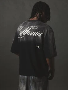 SUMWON California Script Print Washed Oversized Crew Neck Short Sleeve T-Shirt With Large Back Graphic And Chest Logo Detail - Black - View 5
