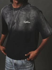 SUMWON California Script Print Washed Oversized Crew Neck Short Sleeve T-Shirt With Large Back Graphic And Chest Logo Detail - Black - View 2