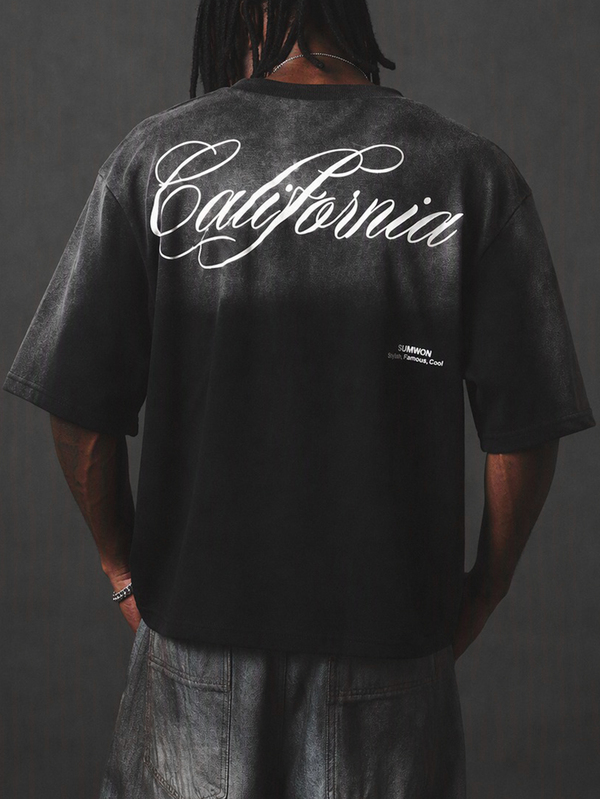SUMWON California Script Print Washed Oversized Crew Neck Short Sleeve T-Shirt With Large Back Graphic And Chest Logo Detail