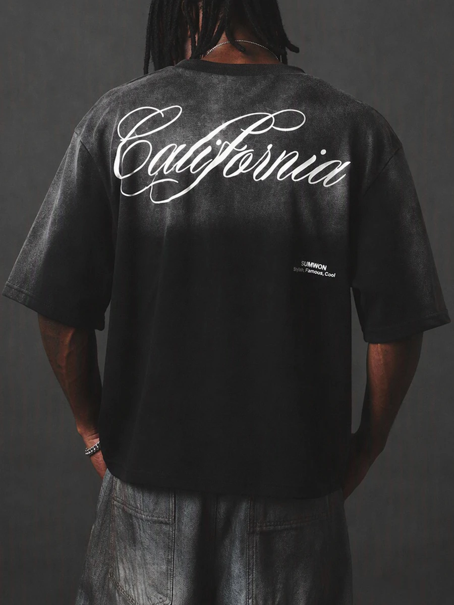 SUMWON California Script Print Washed Oversized Crew Neck Short Sleeve T-Shirt With Large Back Graphic And Chest Logo Detail - Black - View 1