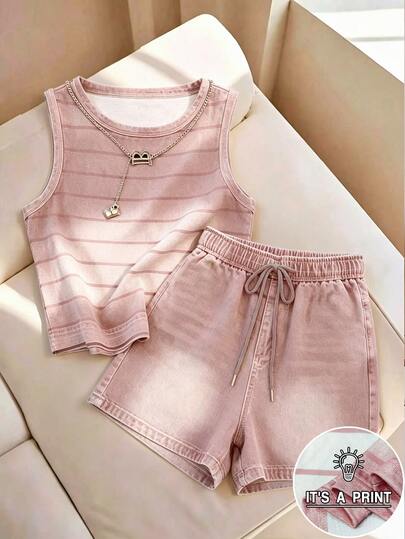 Franclia Casual Summer Women's Striped Round Neck Tank Top And Drawstring Waist Shorts Denim Effect Set