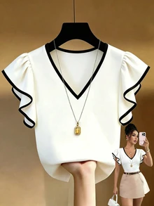Franclia Plus Size Versatile Contrast Color Ruffle Cuff Top For Teachers' Day And Beach Formal Formal Office Black And White Summer Casual Decent Elegant - White - View 1