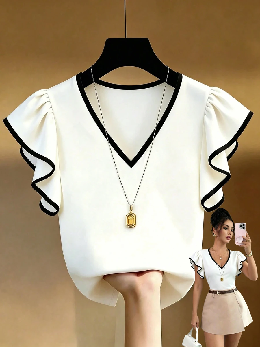 Franclia Plus Size Versatile Contrast Color Ruffle Cuff Top For Teachers' Day And Beach Formal Formal Office Black And White Summer Casual Decent Elegant - White - View 1