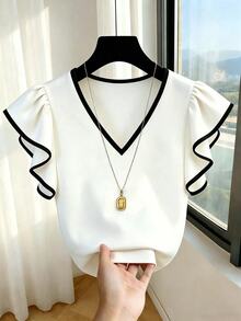 Franclia Plus Size Versatile Contrast Color Ruffle Cuff Top For Teachers' Day And Beach Formal Formal Office Black And White Summer Casual Decent Elegant - White - View 3