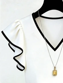 Franclia Plus Size Versatile Contrast Color Ruffle Cuff Top For Teachers' Day And Beach Formal Formal Office Black And White Summer Casual Decent Elegant - White - View 5
