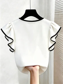 Franclia Plus Size Versatile Contrast Color Ruffle Cuff Top For Teachers' Day And Beach Formal Formal Office Black And White Summer Casual Decent Elegant - White - View 2