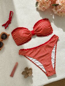 SHEIN Swim 女款夏季海灘可愛 70 年代甜美格紋印花荷葉邊比基尼套裝，適合休閒、度假、假期、派對穿著，紅色 - 紅色 - 查看 1