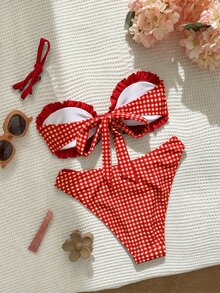 SHEIN Swim 女款夏季海灘可愛 70 年代甜美格紋印花荷葉邊比基尼套裝，適合休閒、度假、假期、派對穿著，紅色 - 紅色 - 查看 2