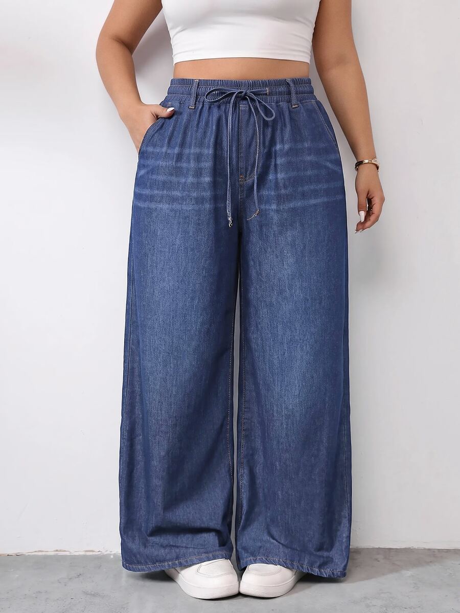 SHEIN ICON Plus Size Women's Drawstring Waist Casual Versatile Everyday Denim Jeans - Blue - View 1