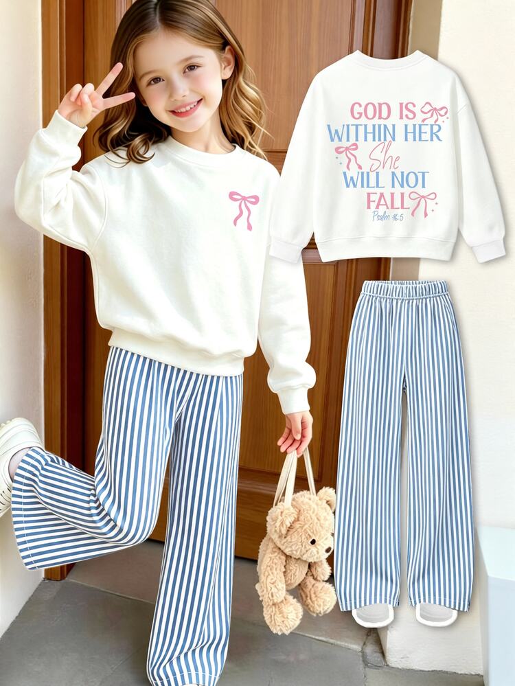 Girls' Fresh Fashion Casual Bowknot Letter Print Basic Crew Neck Sweatshirt & White Blue Vertical Striped Wide Leg Pants Set, White Sweatshirt, Comfortable For Vacation And Daily Wear - Multicolor - View 3