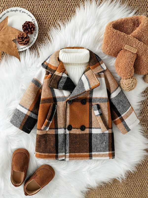 Souflis Souflis Abrigo Vintage a Cuadros para Bebé y Niño Pequeño 0-3A, Abrigo de Estilo de Lana con Solapa de Doble Botonadura, Ropa de Abrigo Casual y Cálida para Otoño e Invierno para Niños y Niñas