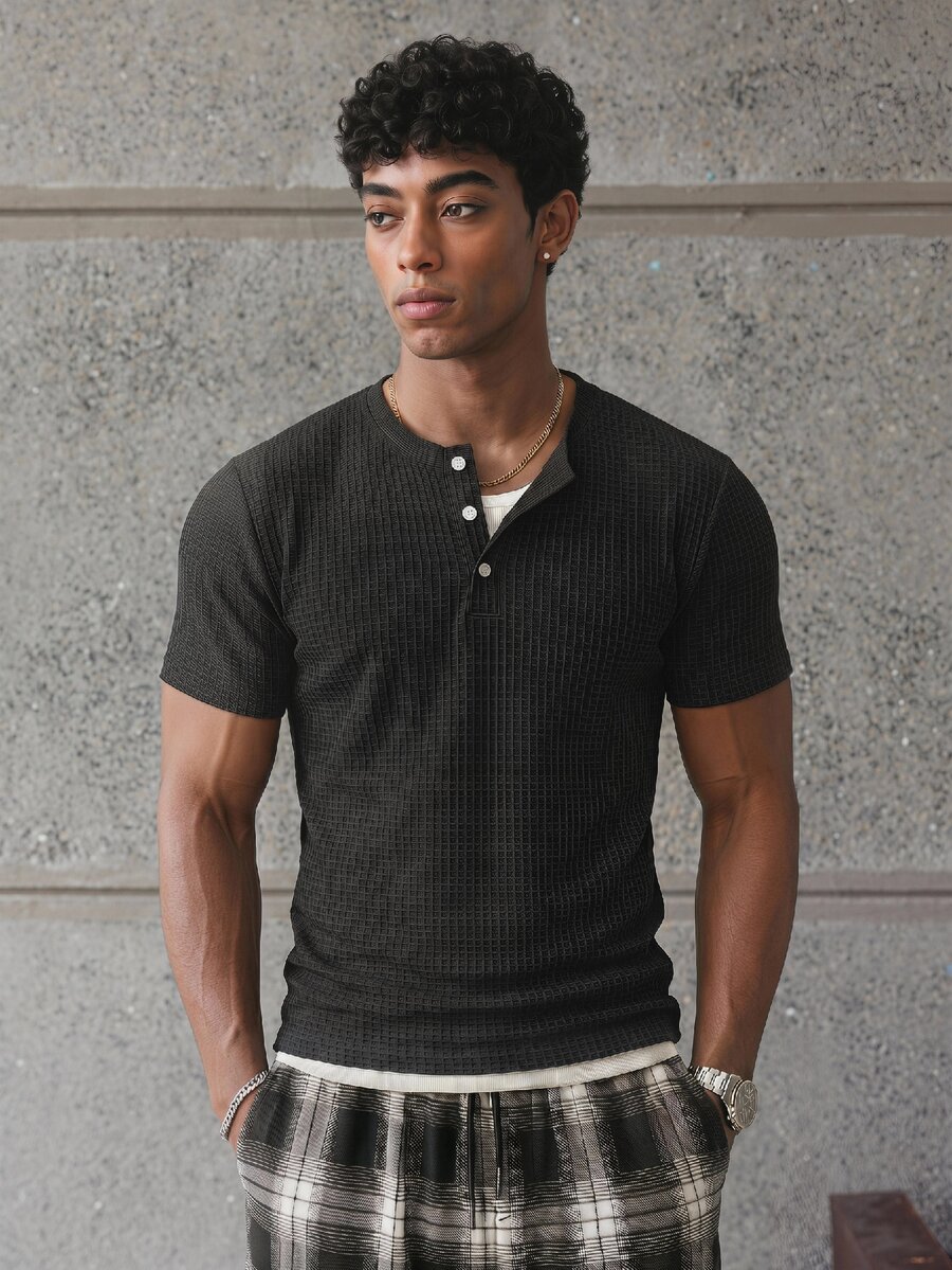 ESTAVOR Casual Men's Solid Color Button Short Sleeve T-Shirt For Daily Wear - Black - View 1