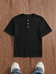 ESTAVOR Casual Men's Solid Color Button Short Sleeve T-Shirt For Daily Wear - Black - View 2
