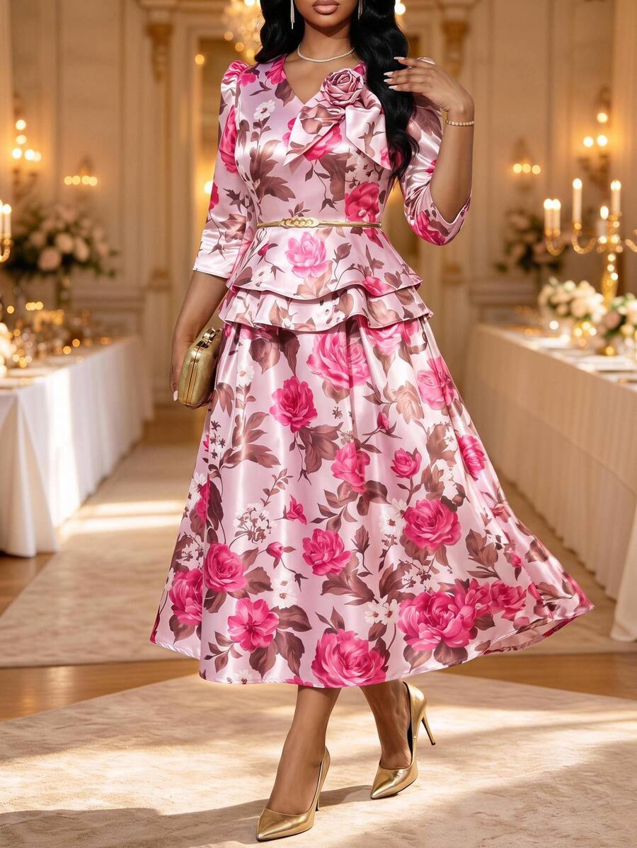 Fleurora Plus Size Elegant Party Floral Print Top And Skirt 2-Piece Set Fall - Multicolor - View 1