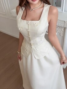 Feyla Women's 3D Floral Decor Single-Breasted Vest And Skirt Elegant French 2 Pieces Set Wedding Brunch Beige Summer - Light Yellow - View 6