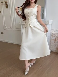 Feyla Women's 3D Floral Decor Single-Breasted Vest And Skirt Elegant French 2 Pieces Set Wedding Brunch Beige Summer - Light Yellow - View 3