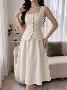 Feyla Women's 3D Floral Decor Single-Breasted Vest And Skirt Elegant French 2 Pieces Set Wedding Brunch Beige Summer - Light Yellow - View 2