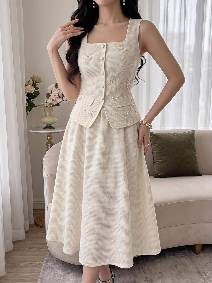 Feyla Women's 3D Floral Decor Single-Breasted Vest And Skirt Elegant French 2 Pieces Set Wedding Brunch Beige Summer