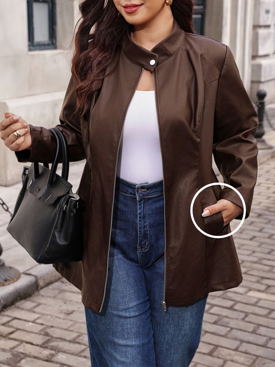 Reflora Plus Zip Up PU Leather Coat Winter