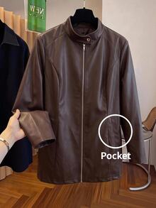 Reflora Plus Zip Up PU Leather Coat Winter - Brown - View 8