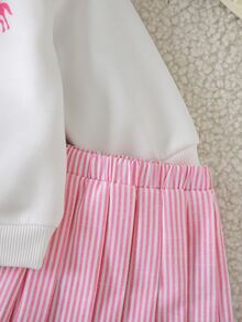 SHEIN 女嬰針織圓領衛衣、裙子與條紋披肩3件套 - 彩色 - 查看 5