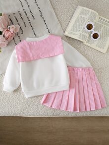 SHEIN 女嬰針織圓領衛衣、裙子與條紋披肩3件套 - 彩色 - 查看 2