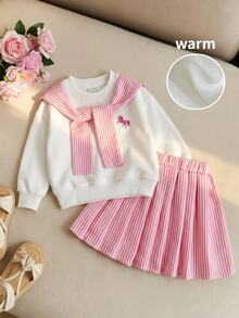 SHEIN 女嬰針織圓領衛衣、裙子與條紋披肩3件套 - 彩色 - 查看 1