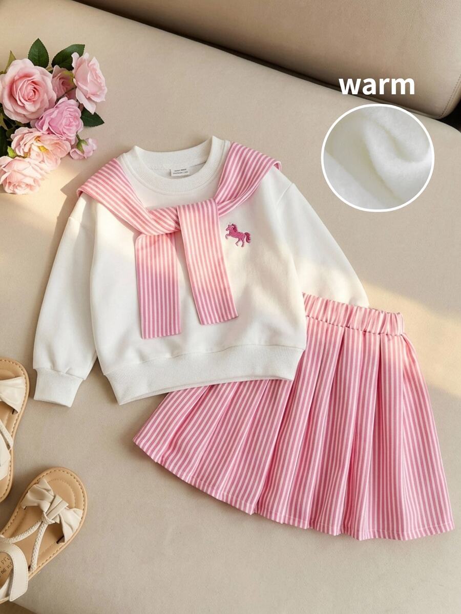 SHEIN 女嬰針織圓領衛衣、裙子與條紋披肩3件套 - 彩色 - 查看 1