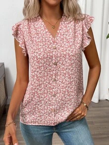 SHEIN Clasi 度假休闲粉色花卉荷叶边衬衫 - 彩色 - 查看 4