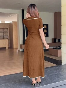 Feyla New Contrast Color Dogtooth Trim Cinched Waist A-Line Comfortable Elegant French Mature Everyday Brunch Tea Party Dress Dark Brown Summer - Brown - View 7