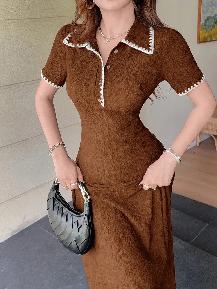 Feyla New Contrast Color Dogtooth Trim Cinched Waist A-Line Comfortable Elegant French Mature Everyday Brunch Tea Party Dress Dark Brown Summer