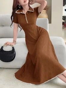 Feyla New Contrast Color Dogtooth Trim Cinched Waist A-Line Comfortable Elegant French Mature Everyday Brunch Tea Party Dress Dark Brown Summer - Brown - View 5