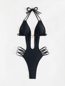 SHEIN Swim 1pc Women's Sexy One-Piece Swimsuit With Criss-Cross Back, Hollow Sides And Halter Neck Tie, Fashionable Spring Break Style - Black - View 4