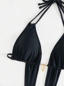 SHEIN Swim 1pc Women's Sexy One-Piece Swimsuit With Criss-Cross Back, Hollow Sides And Halter Neck Tie, Fashionable Spring Break Style - Black - View 6