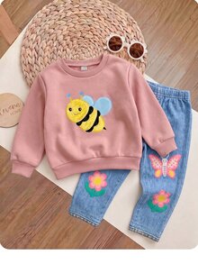 SHEIN 女嬰刺繡長袖衛衣與卡通印花長褲套裝 - 粉色 - 查看 1
