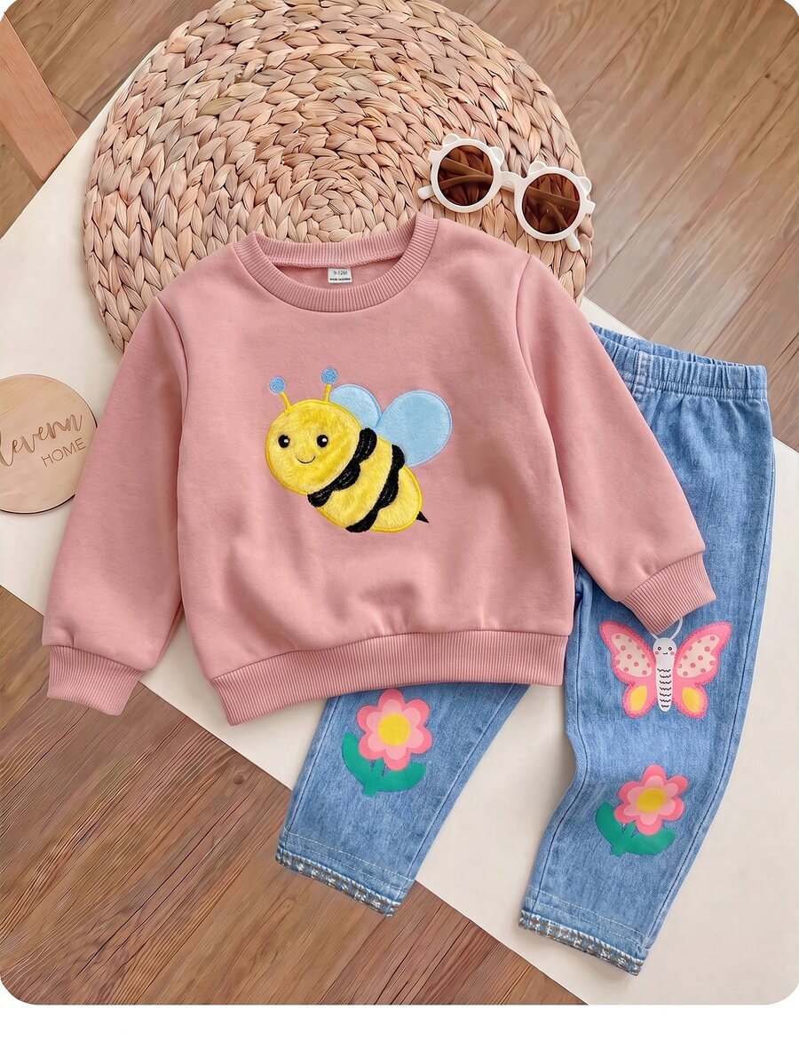 SHEIN 女嬰刺繡長袖衛衣與卡通印花長褲套裝 - 粉色 - 查看 1
